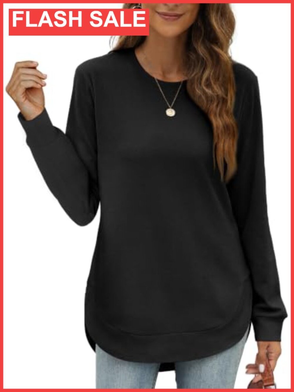 Womens Sweatshirt Crewneck Long Sleeve High Low Tunic Curved Hem